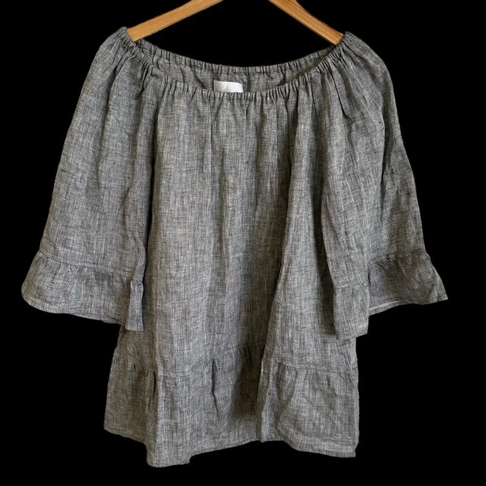 Crown Linen Designs women’s size Large Ruffle‎ Trim Blouse Top Black Beachy Boho
